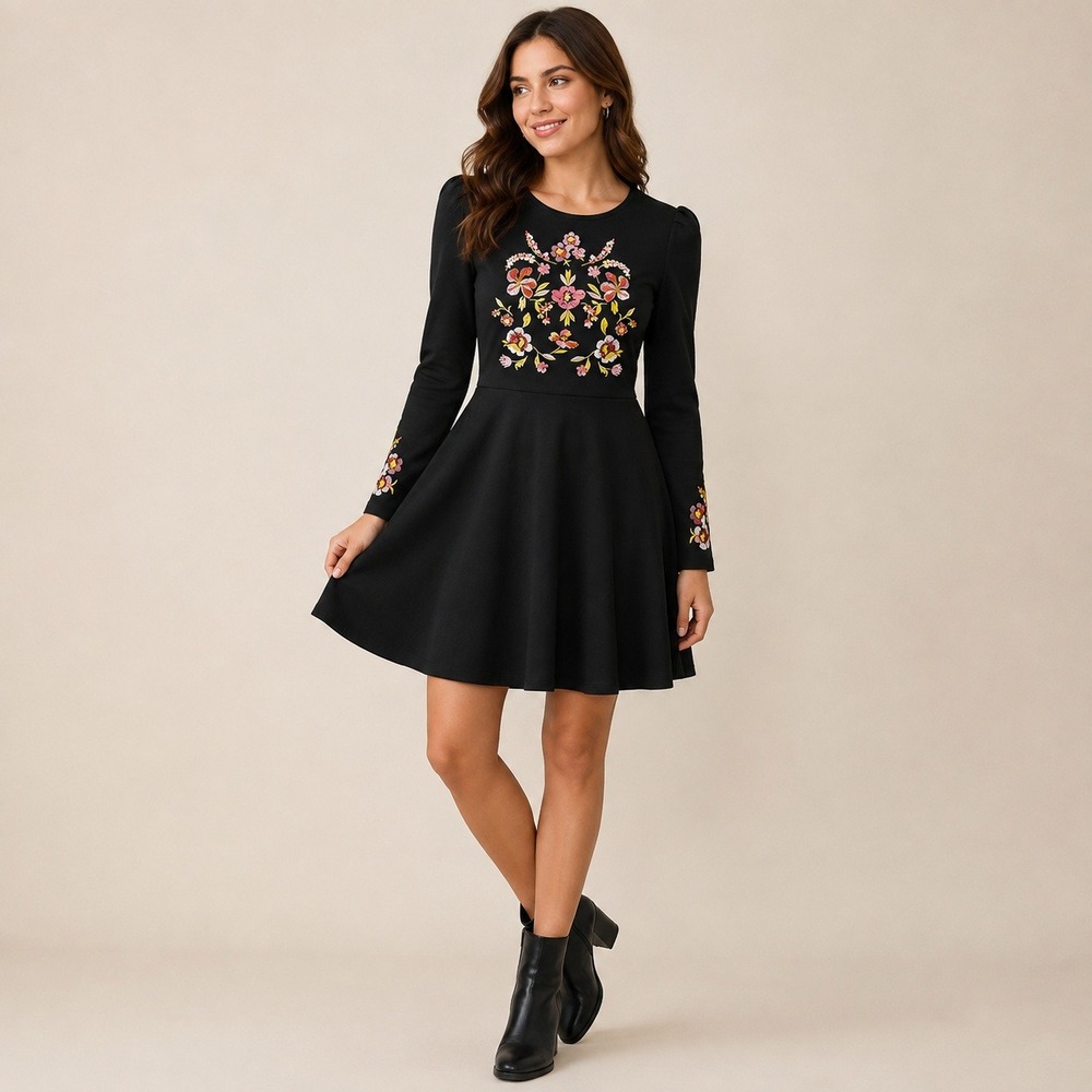 LOFT Black Floral Embroidered Long Sleeve Fit & Flare Dress Size 4 Boho Mini